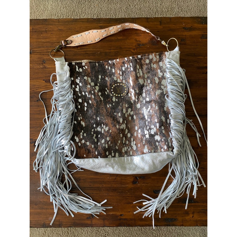 Keep It Gypsy Cowhide Fringe Hobo Bag Silver Metallic Tooled Leather Strap Large